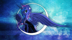 Size: 2560x1440 | Tagged: safe, artist:nemesis360, artist:rdbrony16, edit, princess luna, alicorn, pony, g4, beautiful, clothed ponies, clothes, color porn, crown, dress, ethereal mane, ethereal tail, female, hexagon, horn, jewelry, large wings, long horn, long mane, mare, partially open wings, peytral, raised hoof, regalia, solo, space, sparkly mane, starry mane, starry tail, tail, vector, wallpaper, wallpaper edit, wings
