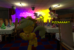 Size: 689x466 | Tagged: safe, applejack, fluttershy, twilight sparkle, pony, robot, robot pony, five nights at aj's, g4, 3d, animatronic, applefreddy, applefreddy fazjack's pizzeria, burger, creepy, eating, five nights at freddy's, flutterchica, looking at you, pizza, twibon