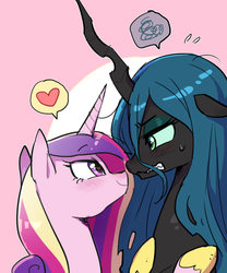 Size: 500x600 | Tagged: dead source, safe, artist:baekgup, princess cadance, queen chrysalis, alicorn, changeling, changeling queen, pony, g4, abstract background, annoyed, blushing, cute, cutealis, eyeshadow, female, floppy ears, gritted teeth, heart, heart eyes, horn, lesbian, makeup, mare, missing accessory, ship:cadalis, shipping, smiling, speech bubble, story in the comments, sweatdrop, wavy mouth, wingding eyes