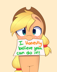 Size: 1900x2400 | Tagged: safe, artist:joyfulinsanity, applejack, earth pony, pony, g4, blushing, female, freckles, hat, looking at you, mare, motivational, mouth hold, positive message, positive ponies, solo