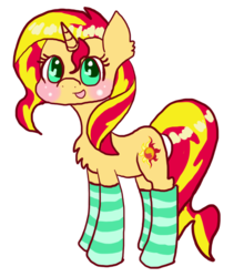 Size: 564x642 | Tagged: safe, artist:moekonya, sunset shimmer, pony, unicorn, g4, blushing, clothes, female, socks, solo, striped socks