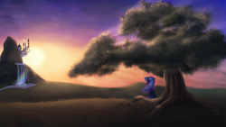 Size: 2006x1128 | Tagged: safe, artist:bronyjunk, princess luna, g4, canterlot, female, looking away, sitting, solo, sun, tree, under the tree, waterfall
