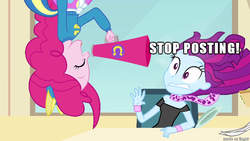 Size: 610x343 | Tagged: safe, mystery mint, pinkie pie, equestria girls, g4, my little pony equestria girls, background human, image macro, it's time to stop posting, megaphone, meme