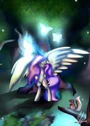 Size: 2000x2800 | Tagged: safe, artist:thelyuba1211, fluttershy, butterfly, squirrel, g4, everfree forest, high res, lake, night