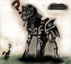 Size: 3329x3004 | Tagged: safe, artist:europamaxima, pony, 4th colossus, artifact, colossus, crossover, duo, high res, ponified, question mark, saddle, shadow of the colossus, tack, tan background, video game