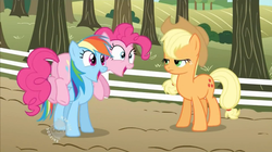 Size: 956x536 | Tagged: safe, screencap, applejack, pinkie pie, rainbow dash, earth pony, pegasus, pony, g4, the super speedy cider squeezy 6000, butt, female, flipped, mare, plot, varying degrees of want