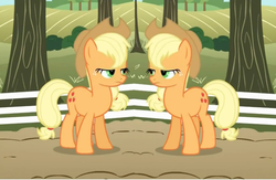 Size: 821x536 | Tagged: safe, edit, edited screencap, screencap, applejack, g4, the super speedy cider squeezy 6000, clone, mirrored, unitinu