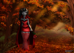Size: 1500x1063 | Tagged: safe, artist:lifyen, oc, oc only, oc:ametista blackpetal, anthro, unguligrade anthro, anthro oc, autumn, cloak, clothes, corset, curly hair, forest, leaves, rose, solo, stockings