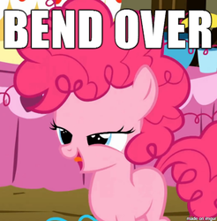 Size: 458x466 | Tagged: safe, pinkie pie, g4, bedroom eyes, bend over, female, filly, image macro, implied foalcon, meme