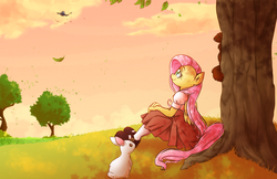 Size: 1140x737 | Tagged: safe, artist:kelsea-chan, fluttershy, anthro, g4, clothes, dress, female, solo