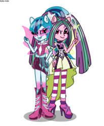 Size: 1794x2192 | Tagged: dead source, safe, artist:asika-aida, aria blaze, sonata dusk, equestria girls, g4, duo, fin wings, grin, linked arms, ponied up, smirk, sunglasses, transformation