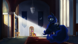 Size: 1920x1080 | Tagged: safe, artist:hierozaki, princess luna, scootaloo, bat pony, g4, bat ponified, bust, chandelier, interior, painting, race swap, raised hoof, student of the night, tapestry