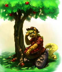 Size: 2014x2335 | Tagged: safe, artist:audrarius, applejack, earth pony, anthro, g4, apple, apple tree, clothes, cowboy hat, female, food, hat, high res, jeans, open mouth, pants, plaid, plaid shirt, smiling, solo, stetson, sweat, tree