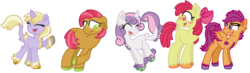 Size: 2251x656 | Tagged: safe, artist:starryoak, apple bloom, babs seed, dinky hooves, scootaloo, sweetie belle, classical unicorn, earth pony, pegasus, pony, unicorn, g4, cutie mark crusaders, horn, leonine tail, redesign, simple background, transparent background, unshorn fetlocks