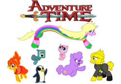 Size: 1204x838 | Tagged: safe, artist:starryoak, cat, pony, unicorn, adventure time, bmo, flame princess, gunter (adventure time), kitten, lady rainicorn, lemongrab, lumpy space princess, male, ponified, rainicorn, simple background, transparent background