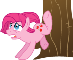 Size: 678x555 | Tagged: safe, artist:starryoak, pinkie pie, g4, magical mystery cure, applebucking, bubble berry, bubblini davinci berry, pinkamena diane pie, rule 63, scene interpretation, simple background, solo, swapped cutie marks, transparent background, what my cutie mark is telling me