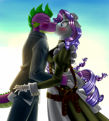 Size: 1200x1342 | Tagged: safe, artist:pia-sama, rarity, spike, anthro, g4, black lagoon, cathy weseluck, crossover, female, garcia, kissing, male, roberta, roberta's blood trail, ship:sparity, shipping, straight, tabitha st. germain, voice actor joke