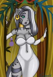 Size: 709x1028 | Tagged: safe, artist:timmy_22222001, zecora, zebra, anthro, g4, big breasts, breasts, cat ears, clothes, dress, female, human facial structure, long hair, loose hair, solo, zecora's hut