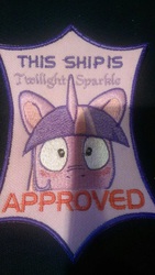 Size: 579x1024 | Tagged: safe, artist:pixel-prism, twilight sparkle, pony, g4, approval, badge, blushing, irl, photo, reaction image, seal of approval, shipping, solo