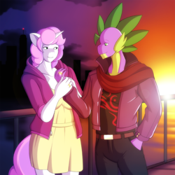 Size: 792x792 | Tagged: safe, artist:marik azemus34, spike, sweetie belle, anthro, g4, city, clothes, dress, female, holding hands, leather, love, male, manehattan, marriage, ring, ship:spikebelle, shipping, straight, sundress, sunset