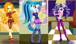 Size: 963x564 | Tagged: safe, artist:rogueheart101, adagio dazzle, aria blaze, sonata dusk, equestria girls, g4, alternate clothes, alternate hairstyle, human counterpart, human dazzlings