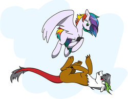 Size: 1018x784 | Tagged: safe, artist:deathraelea, oc, oc only, oc:cloud rocker, oc:variance, hybrid, interspecies offspring, offspring, parent:discord, parent:princess celestia, parent:rainbow dash, parent:soarin', parents:dislestia, parents:soarindash