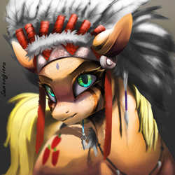 Size: 2000x2000 | Tagged: safe, artist:santagiera, applejack, earth pony, pony, g4, badass, face paint, female, headdress, high res, mare, native american, solo, squawjack, tribal, war paint