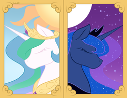 Size: 1742x1346 | Tagged: safe, artist:itsuko103, princess celestia, princess luna, g4, back to back, bust, day, duo, frame, night, portrait, royal sisters, siblings, side view, sisters