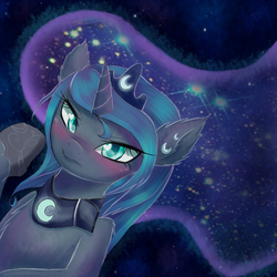 Size: 3000x3000 | Tagged: safe, artist:magnaluna, princess luna, alicorn, pony, abstract background, blushing, crown, ear fluff, ear piercing, female, heart eyes, insomnia, jewelry, mare, piercing, regalia, solo, stars, wingding eyes