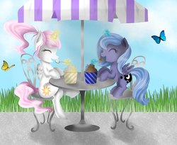 Size: 1100x900 | Tagged: safe, artist:chanceyb, princess celestia, princess luna, alicorn, butterfly, pony, g4, blue morpho, cewestia, cute, duo, eating, filly, happy, ice cream, pink-mane celestia, ponytail, s1 luna, smiling, woona, younger