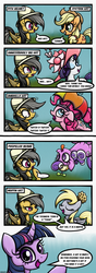 Size: 1240x3508 | Tagged: safe, artist:rambopvp, applejack, daring do, derpy hooves, pinkie pie, rarity, screwball, twilight sparkle, pegasus, pony, g4, comic, cowboy hat, female, giant hat, hat, mare, muffin, pith helmet, propeller hat, stetson, the more you know, umbrella hat