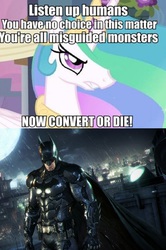 Size: 752x1130 | Tagged: safe, alicorn, human, pony, fanfic:the conversion bureau, a canterlot wedding, g4, my little pony: friendship is magic, batman, exploitable meme, meme, the conversion bureau, xenolestia