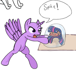 Size: 393x365 | Tagged: safe, artist:woox, twilight sparkle, alicorn, pony, g4, bald, bipedal, female, flockmod, glass case, mane monster, mare, solo, twilight sparkle (alicorn), wat, wtf