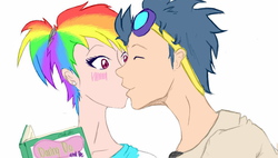 Size: 1152x656 | Tagged: safe, artist:midnitethewarrior, rainbow dash, soarin', human, g4, alternate hairstyle, book, female, goggles, humanized, kissing, male, ponytail, ship:soarindash, shipping, straight