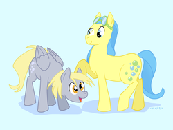 Size: 4808x3620 | Tagged: safe, artist:crabofdoom, bubbles (g1), derpy hooves, pegasus, pony, g1, g4, coat markings, facial markings, female, g1 to g4, generation leap, goggles, mare, star (coat marking)