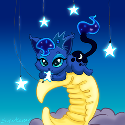 Size: 628x628 | Tagged: safe, artist:superkeen, princess luna, cat, g4, cute, kitten, lunabetes, moon, nom, princess mewna, species swap, stars, tangible heavenly object, weapons-grade cute