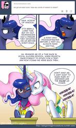 Size: 650x1097 | Tagged: safe, artist:johnjoseco, princess celestia, princess luna, pony, ask gaming princess luna, g4, boop, clothes, comic, cute, desk, eyes closed, female, frown, glasses, horn, horns are touching, inconvenient celestia, lunabetes, magic, open mouth, pencil, pink-mane celestia, sailor uniform, school uniform, schoolgirl, sitting, telekinesis, wide eyes, wink, younger