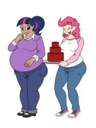 Size: 1500x2000 | Tagged: dead source, safe, artist:bigponiesinc, pinkie pie, twilight sparkle, human, ask feedee twilight, belly, breasts, cake, chubby, converse, cute, fat, feedee, feeder, female, food, humanized, lesbian, red velvet cake, shipping, simple background, thighlight sparkle, transparent background, twilard sparkle, twinkie, weight gain