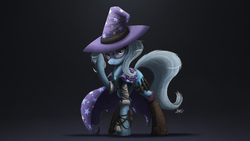 Size: 2371x1334 | Tagged: safe, artist:ncmares, trixie, pony, unicorn, g4, boots, cape, clothes, dirty, fanfic art, female, glare, hat, knife, looking at you, mare, necklace, night shift, smirk, solo, trixie's cape, trixie's hat, weapon