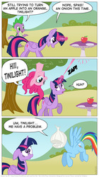 Size: 682x1221 | Tagged: safe, artist:kturtle, pinkie pie, rainbow dash, spike, twilight sparkle, alicorn, pony, g4, too many pinkie pies, apple, comic, female, magic, mare, onion, onion head, scene interpretation, spell gone wrong, tree, twilight sparkle (alicorn)