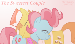 Size: 1004x600 | Tagged: safe, artist:haretrinity, carrot cake, cup cake, earth pony, pony, g4, female, happy, hug, male, ship:carrot cup, shipping, straight