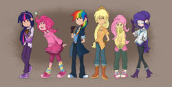 Size: 1600x811 | Tagged: safe, artist:kamy2425, applejack, fluttershy, pinkie pie, rainbow dash, rarity, twilight sparkle, human, g4, boots, clothes, cowboy boots, gloves, humanized, mane six, pinkie being pinkie, shoes, sweater, sweatershy