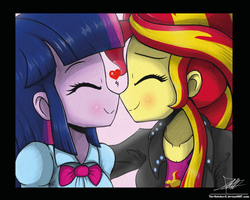 Size: 1102x881 | Tagged: safe, artist:the-butch-x, sunset shimmer, twilight sparkle, equestria girls, g4, my little pony equestria girls: rainbow rocks, blushing, boop, duo, eyes closed, female, floating heart, heart, lesbian, nose to nose, noseboop, nuzzling, ship:sunsetsparkle, shipping, smiling, twilight sparkle (alicorn)