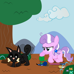 Size: 1000x1000 | Tagged: safe, artist:magerblutooth, diamond tiara, oc, oc:dazzle, cat, dog, mouse, g4, cat toy, cloud, digging, flower, tree