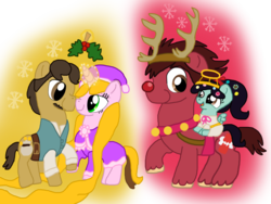 Size: 1600x1200 | Tagged: safe, artist:dulcechica19, angel, pegasus, pony, unicorn, boop, christmas, clothes, costume, dress, eye contact, female, flynn rider, halo, holding hooves, holly, holly mistaken for mistletoe, male, noseboop, open mouth, partially transparent background, ponies riding ponies, ponified, rapunzel, riding, rudolph the red nosed reindeer, shipping, sitting, smiling, snow, snowflake, straight, tangled (disney), vanellope von schweetz, wreck-it ralph