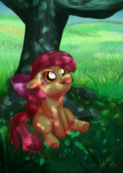 Size: 992x1402 | Tagged: safe, artist:lukane, artist:luliyoyo, apple bloom, earth pony, pony, g4, adorabloom, blank flank, cute, female, filly, grass, sitting, solo, tree