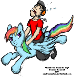Size: 442x454 | Tagged: safe, artist:paulrus-keaton, rainbow dash, human, g4, crossover, crying, human on top, humans riding ponies, pun, rainbows make me cry, riding, scout (tf2), team fortress 2