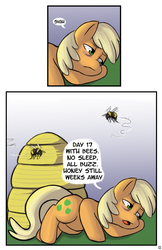 Size: 1240x1916 | Tagged: safe, artist:fauxsquared, applejack, bee, g4, beehive, dialogue, female, pearjack, solo