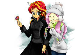 Size: 1100x810 | Tagged: safe, artist:twilite-sparkleplz, fluttershy, sunset shimmer, equestria girls, g4, clothes, female, glasses, gloves, hat, lesbian, rose, scarf, ship:sunshyne, shipping, sweater, sweatershy, winter