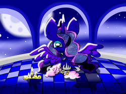 Size: 2272x1704 | Tagged: safe, artist:lovehtf421, princess celestia, princess luna, g4, crown, filly, filly celestia thing, night, sleeping